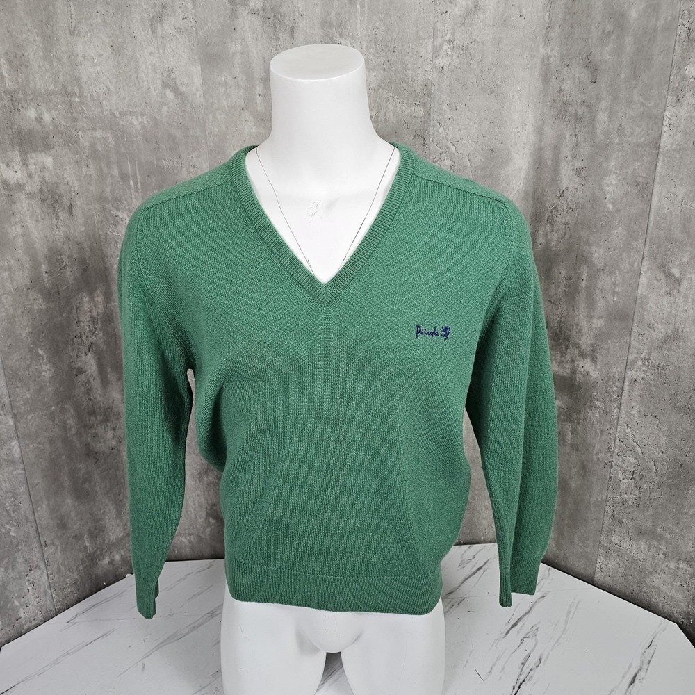Vintage Pringle Sports Wool VNeck Pullover Sweater Green‎ Jumper 42"/107 cm